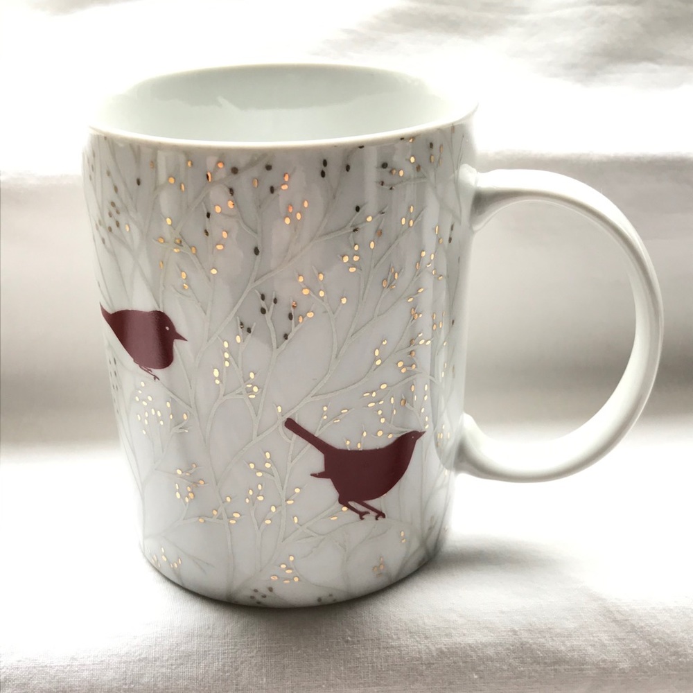 White Ceramic Cup Cardinals and Gold Leaves